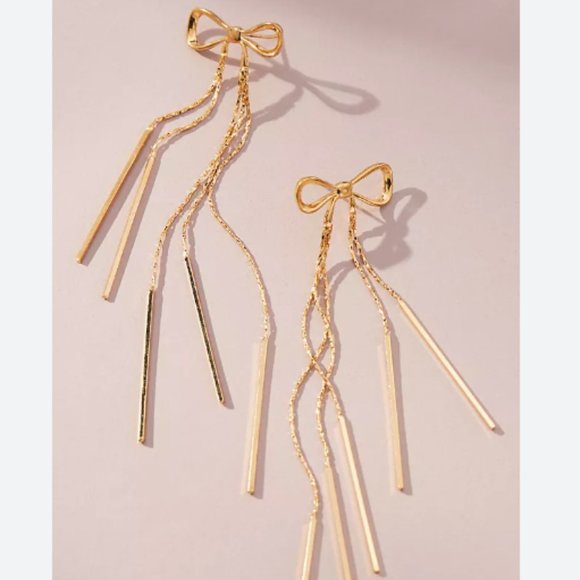 NEW~ Anthropologie Casa Clara "Ava" Long Fringe Bow Drop Gold Earrings - Picture 1 of 10